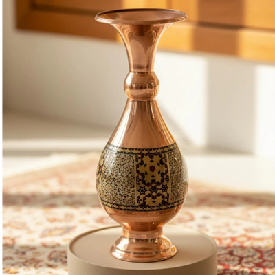 گلدان مسی در جعبه‌ی ترمه