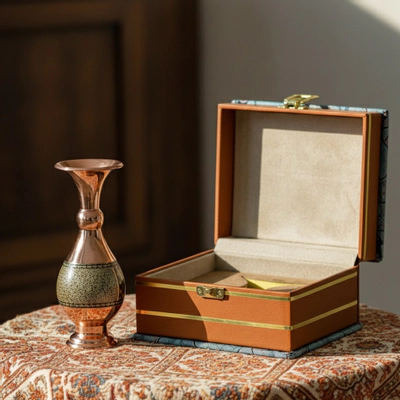 گلدان مسی در جعبه‌ی ترمه